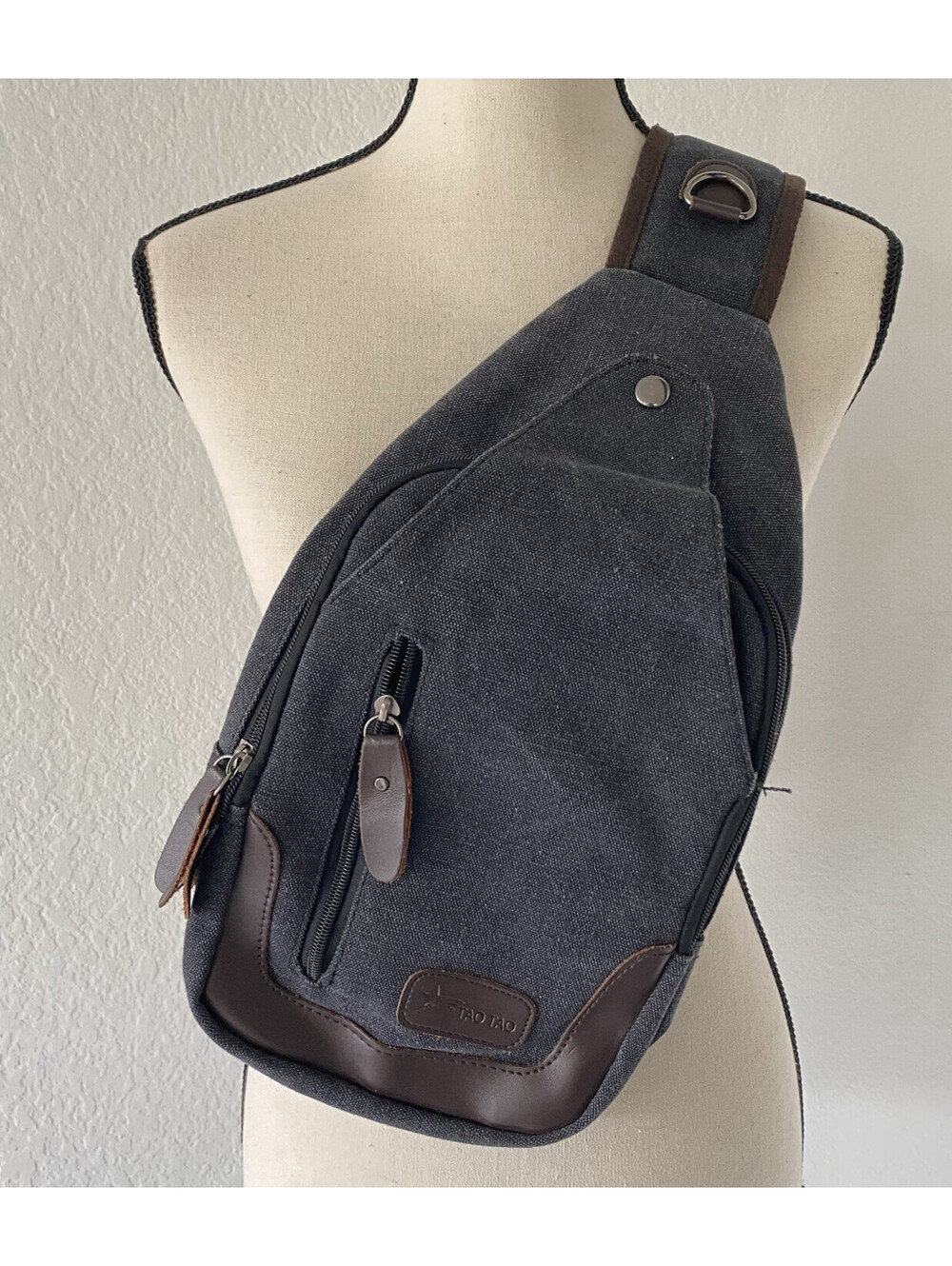 TAO TAO Gray Sling Bag Crossbody Strap Zip Snap Pockets Canvas Travel Bag Unisex